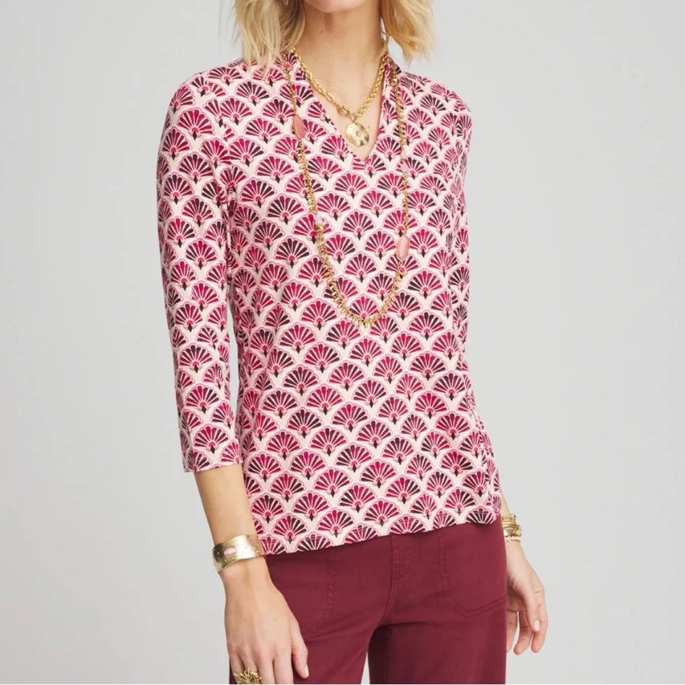 Chicos Touch of Cool TM Geo Cranberry V-Neck 3/4 Sleeve Top Sz 3 US XL Layering